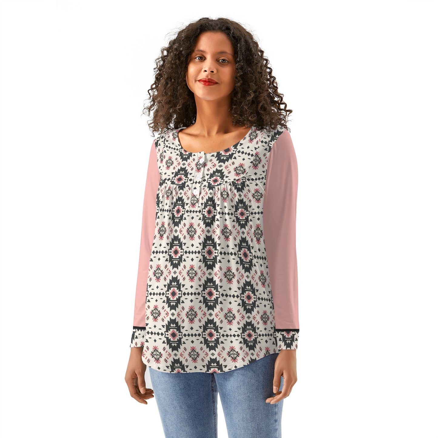 Aztec Starburst | Womens Long Sleeve Blouse – Everyday Style Meets Comfort - Soft Pleated Neck