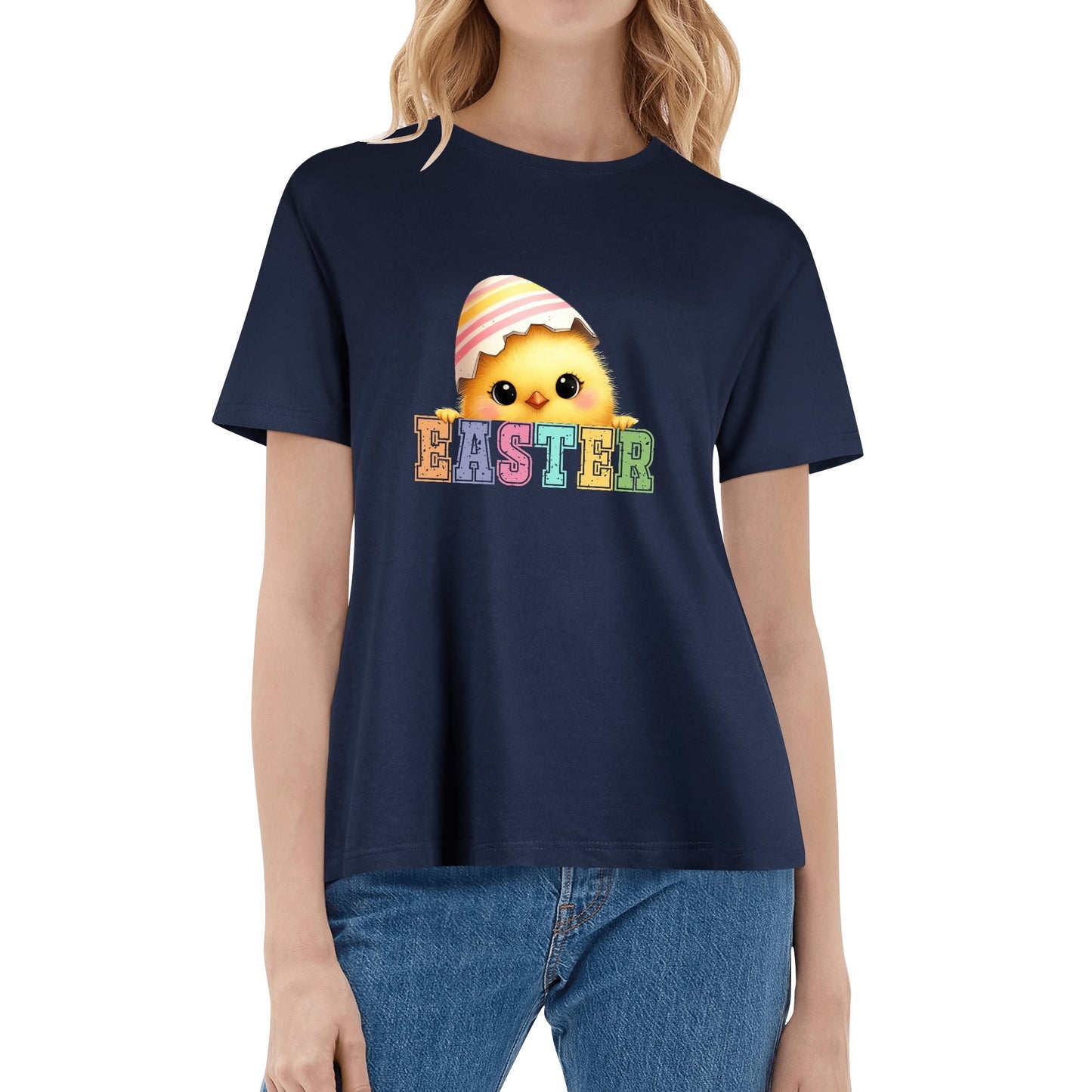A woman wearing a navy t-shirt with a cute chick peeking over the word EASTER.