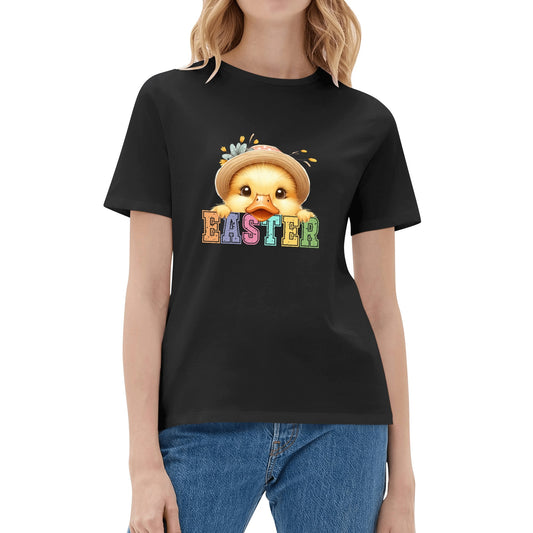 A woman wearing a black short-sleeve cotton t-shirt with 'EASTER' text and a cute animal face printed on the front.