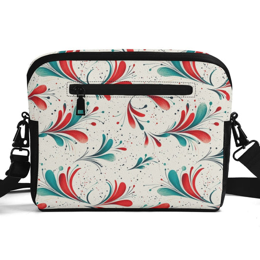 Red & Teal Swirls | Faux Leather Small Messenger Bag – Water-Resistant Everyday Organizer