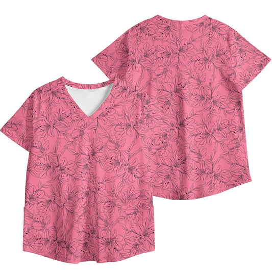Spring Orchids Collection - Womens Workwear Scrub Top - Breathable Poly-Cotton V-Neck with Pockets
