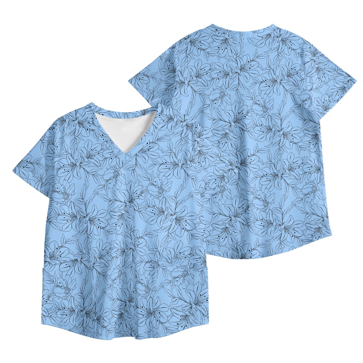 Spring Orchids Collection - Womens Workwear Scrub Top - Breathable Poly-Cotton V-Neck with Pockets
