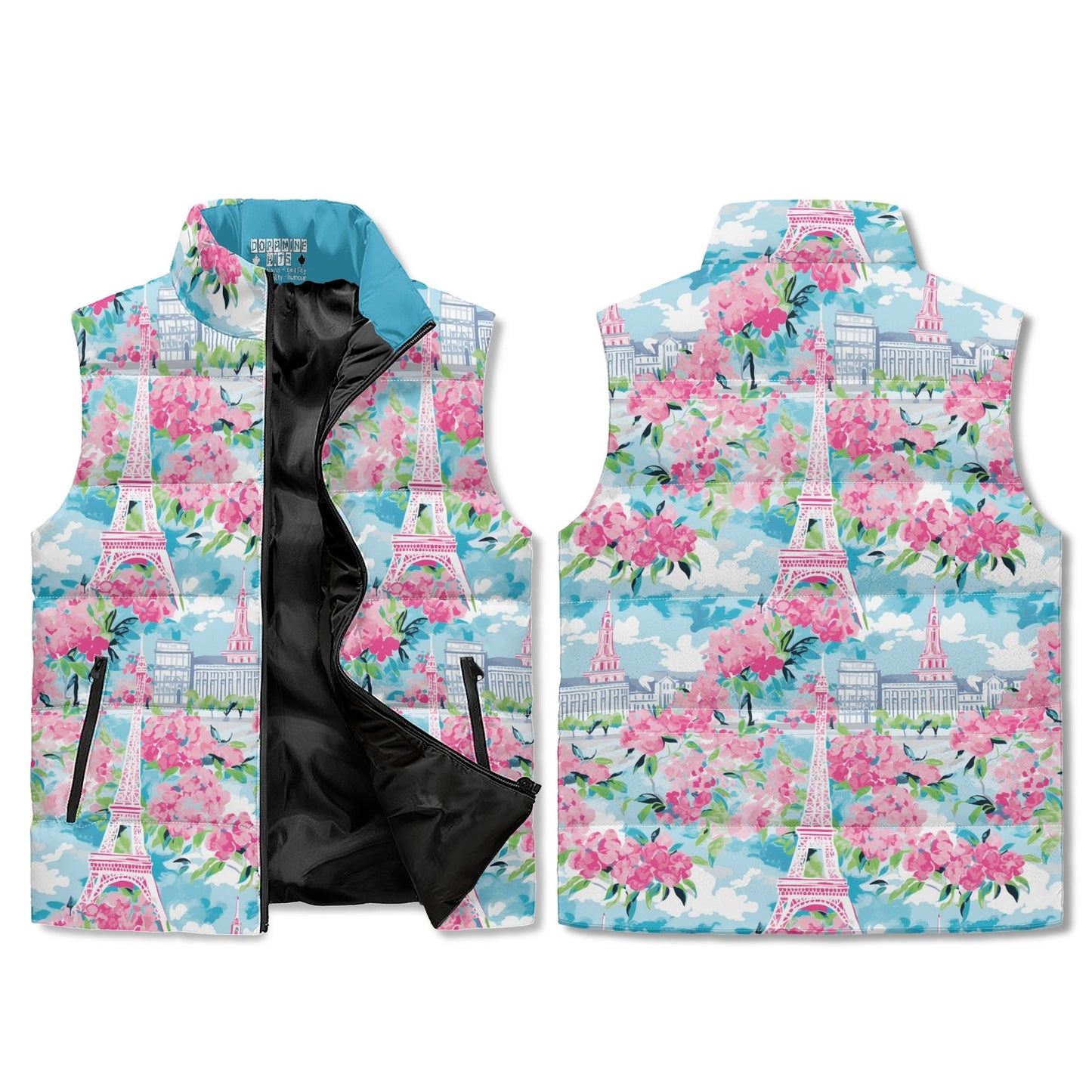 A unisex lightweight stand collar puffer vest with a floral design featuring the Eiffel Tower and cherry blossoms, displayed in front and back views.