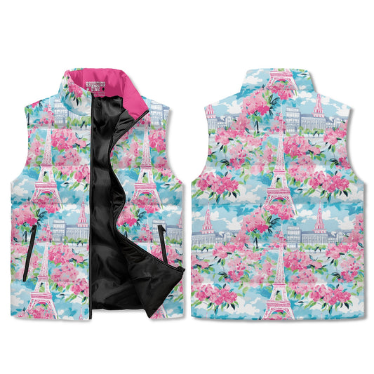 A unisex lightweight stand collar puffer vest with a floral design featuring the Eiffel Tower and cherry blossoms, displayed in front and back views.