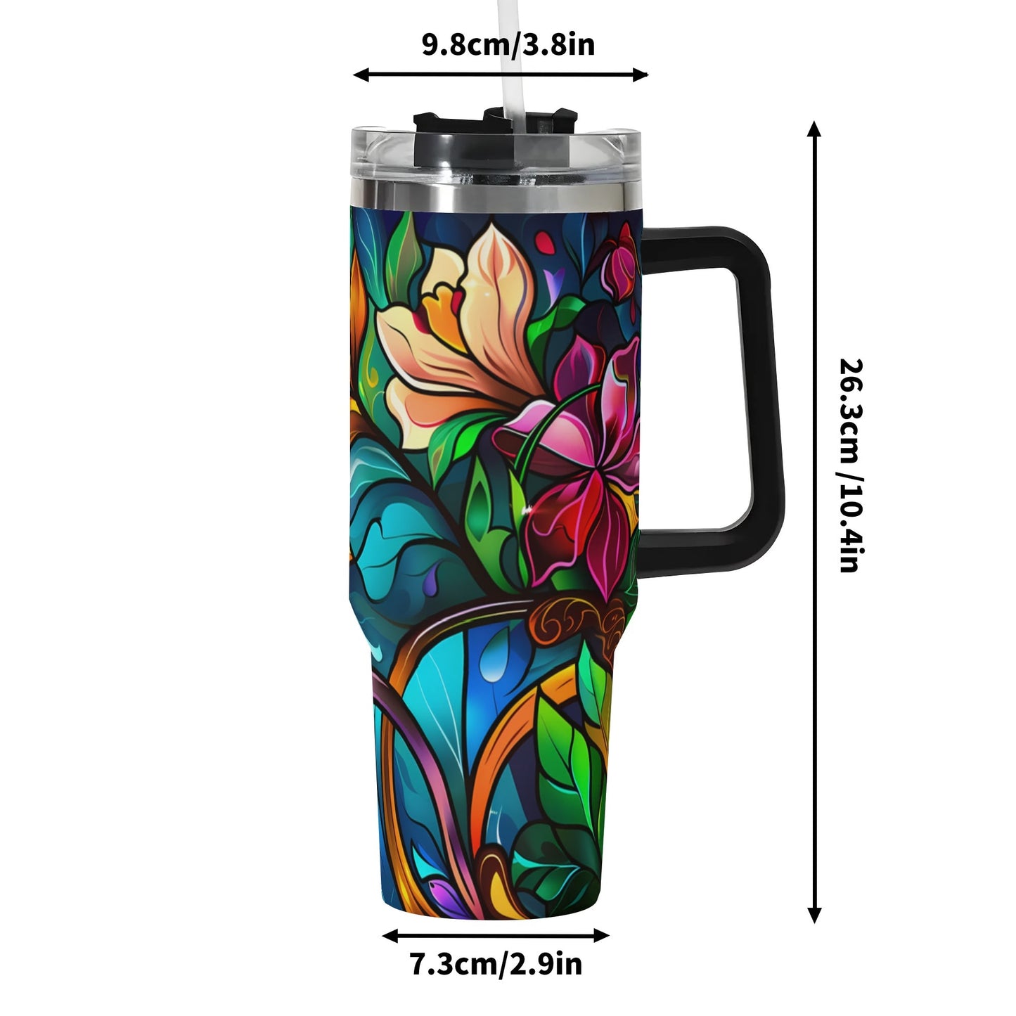 Stained Glass Florals | 40oz Stainless Steel Tumbler With Straw - Hot or Cold Beverages