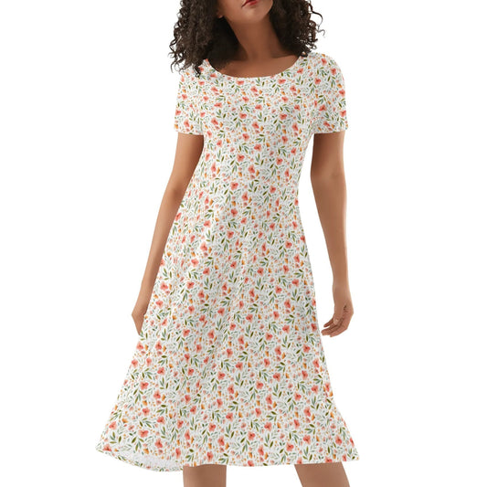 Woman wearing a floral dress on a white background