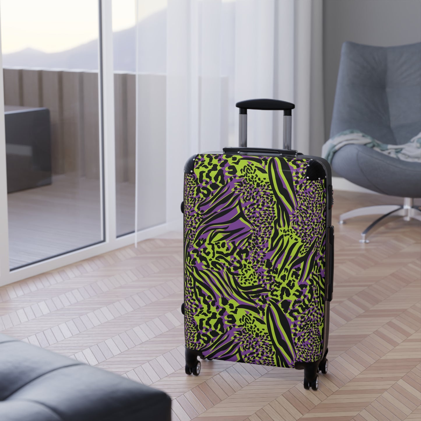 Neon Green & Purple Abstract Animal Print Suitcases Available in 3 Sizes (Small, Medium, & Large)