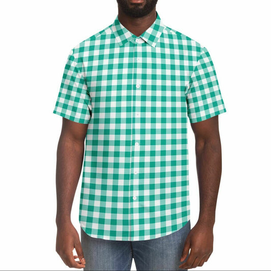 Teal Gingham Plaid Short Sleeve Button Down Shirt - AOP