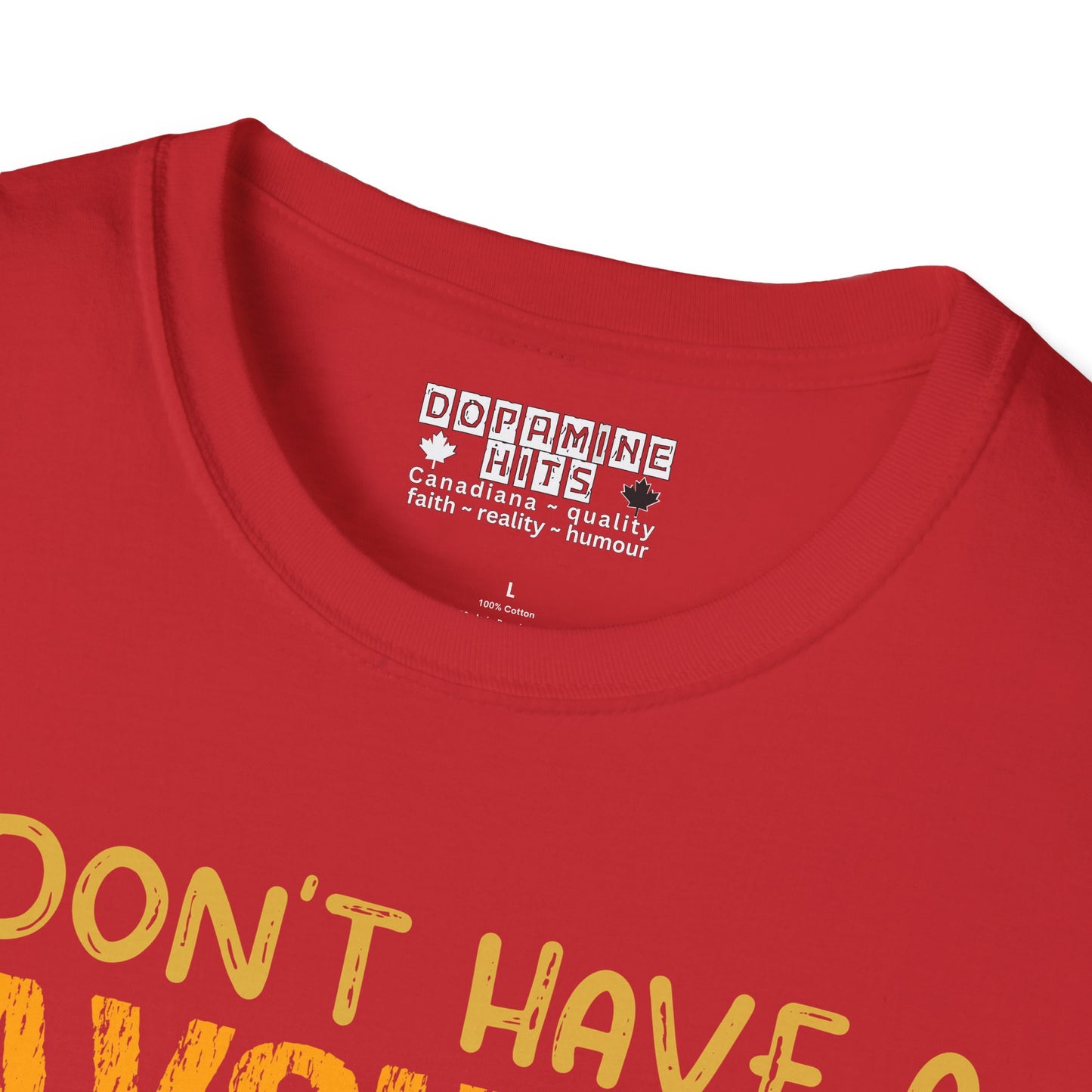 Red t-shirt with yellow text and a visible brand label on a white background