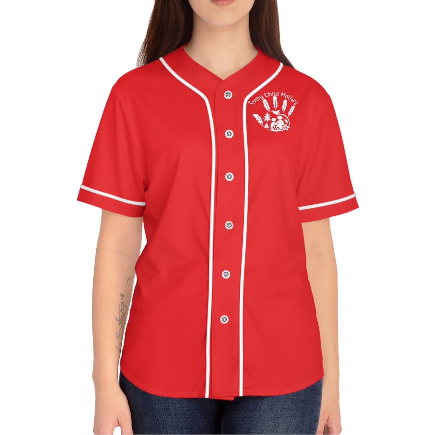 Woman wearing a red baseball jersey with a logo on a white background