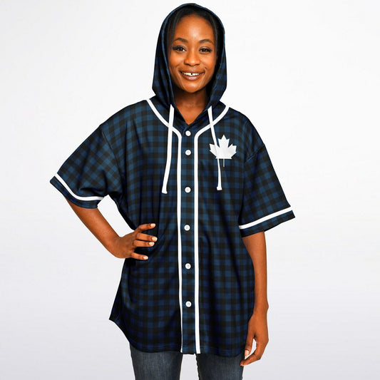 True North Strong and Free | Plaid Hooded Baseball Jersey - Navy