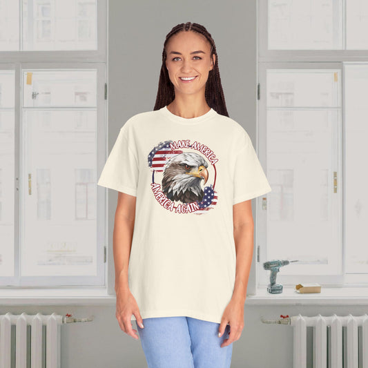 Make America America Again | Women's Garment-Dyed T-Shirt - Bald Eagle & Distressed Flag