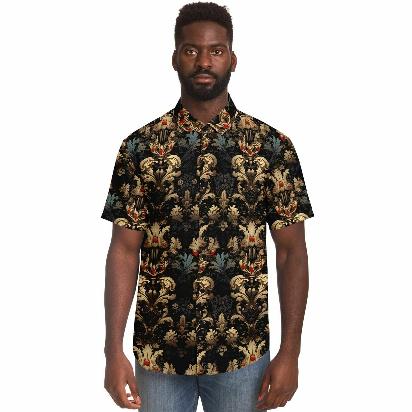 Gold and Red Gothic Short Sleeve Button Down Shirt