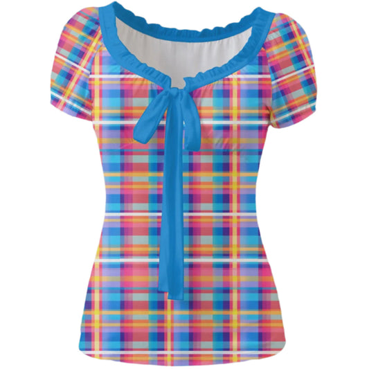 Colorful plaid top with blue neckline and sleeves on a white background