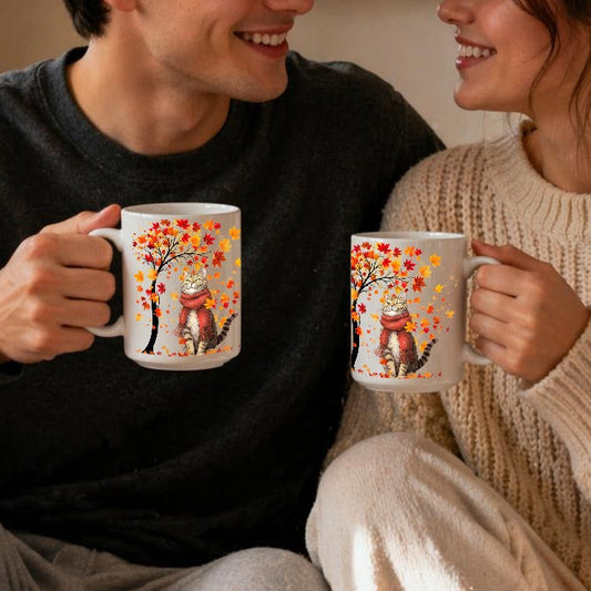 Two people sitting together holding mugs with a cozy indoor setting.