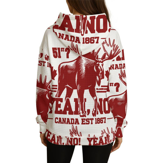 White hoodie with red moose and text design on a white background