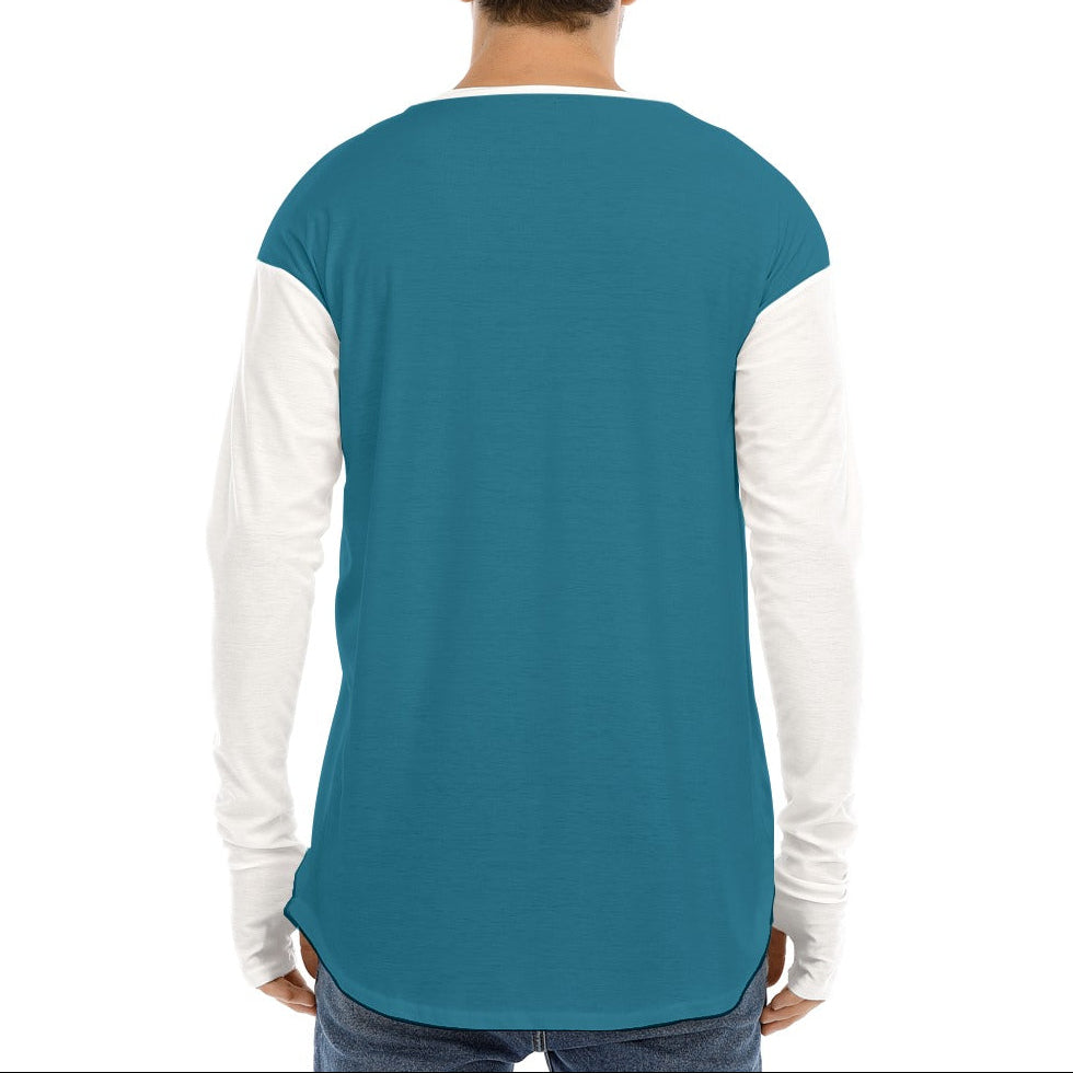 Person wearing a teal and white long-sleeve shirt on a white background