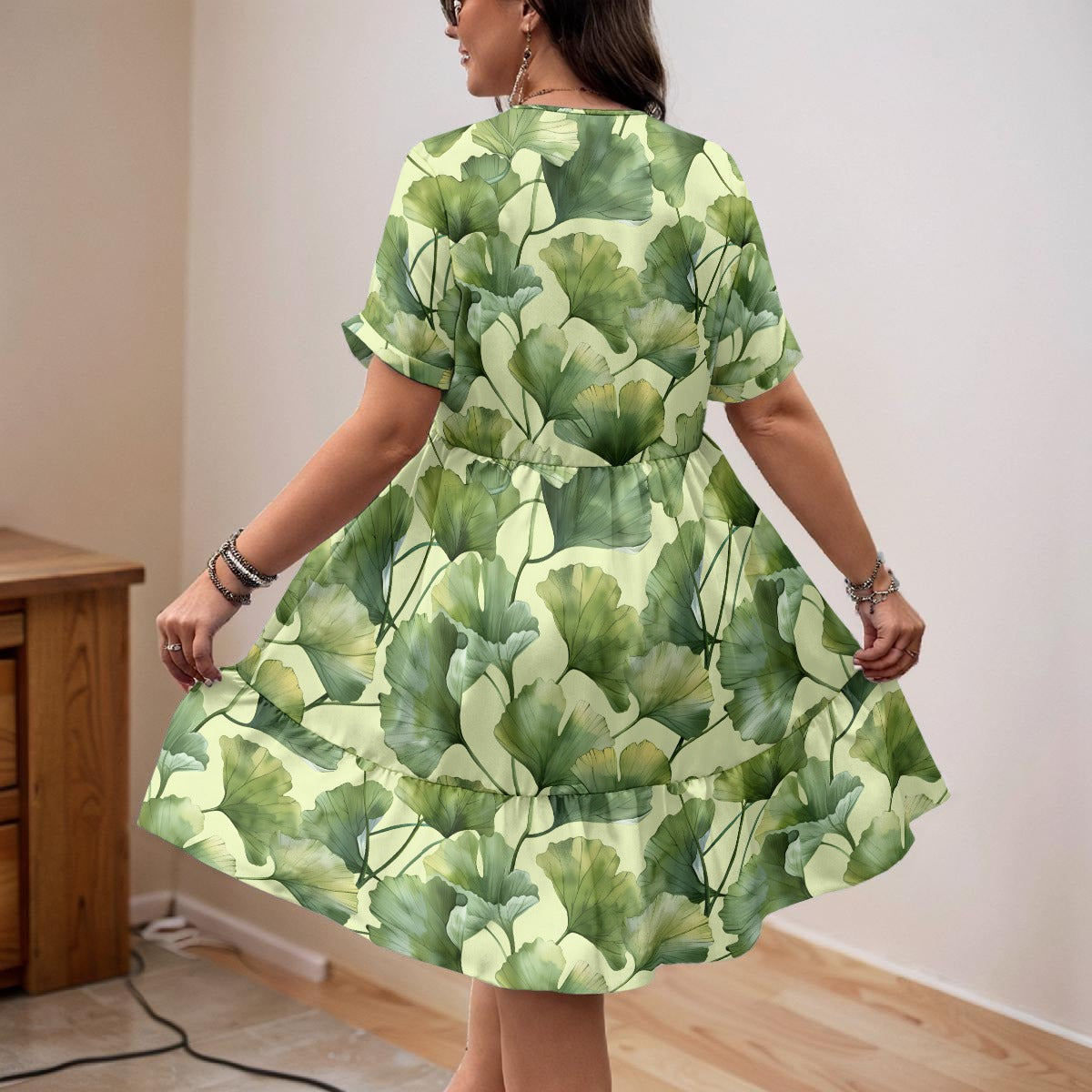 Ginkgo Leaves | Women’s A-Line V-Neck Short Sleeve Dress