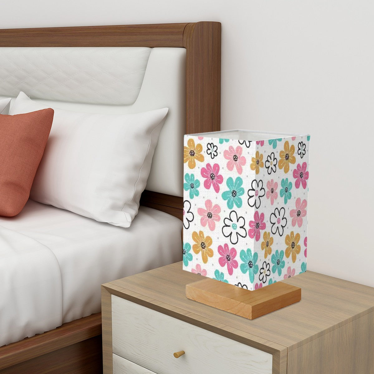 Whimsical Flowers - Elegant Table Lamp with Linen Shade and Wood Base