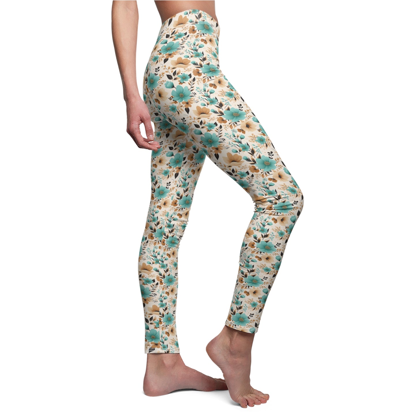Spring & Fall Teal Flowers - Women's Casual Leggings - Unique Print