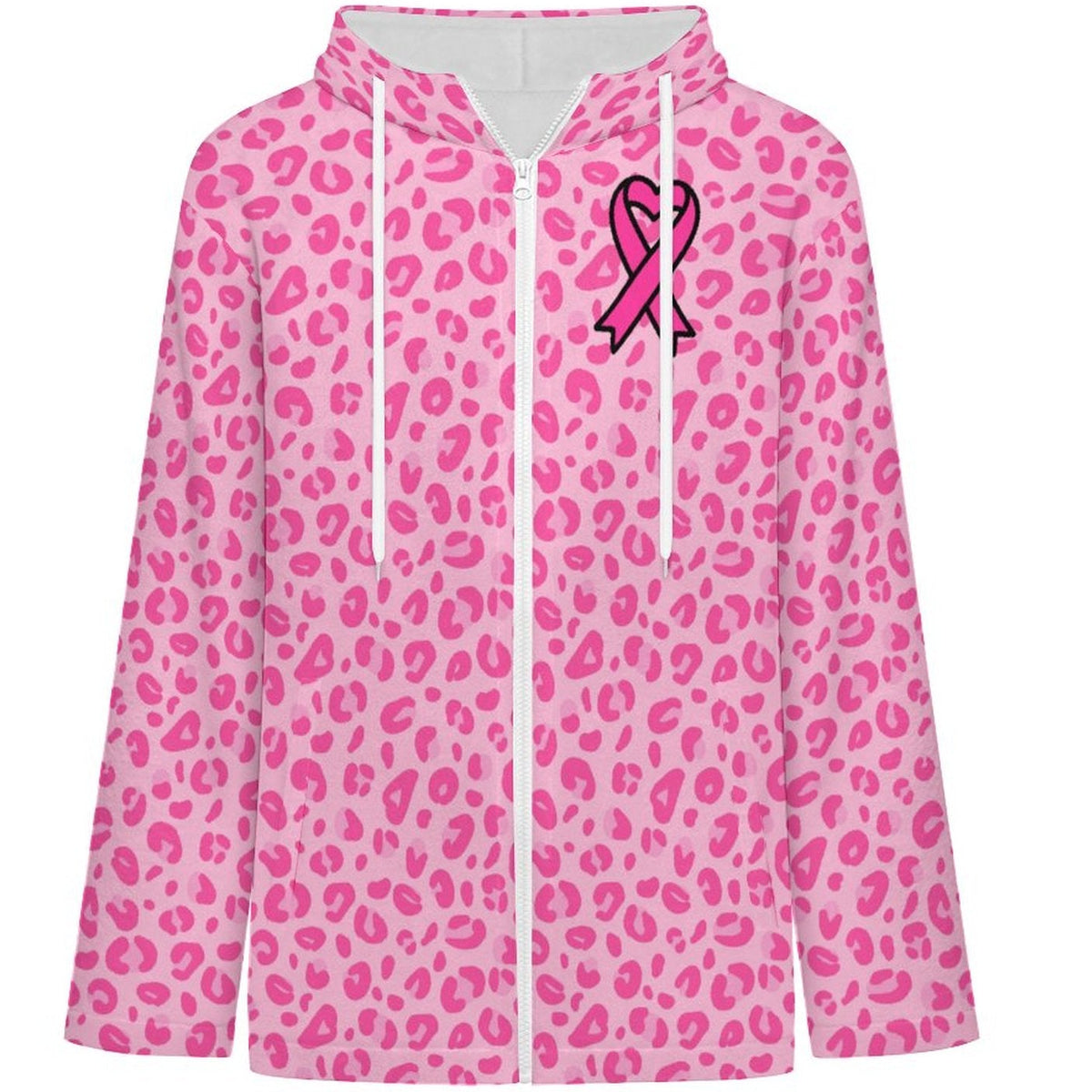 A pink and white leopard print zip-up hoodie with a pink ribbon graphic on the left chest, shown against a plain white background.
