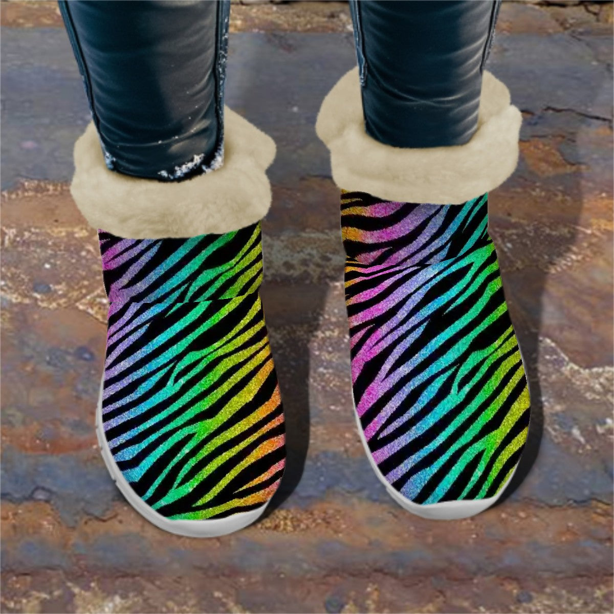 Neon Zebra Stripes | Non-Slip Flannel-Lined Indoor Slipper Boots – Cozy Comfort & Durable