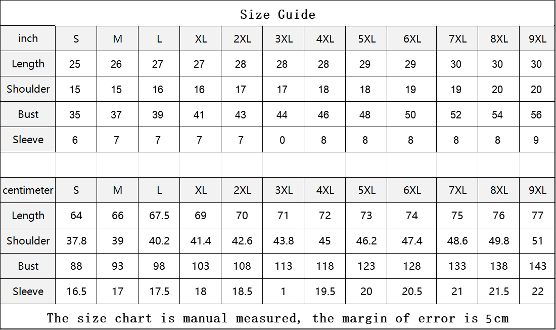 Size chart for clothing measurements in inches and centimeters with a margin of error indicated.