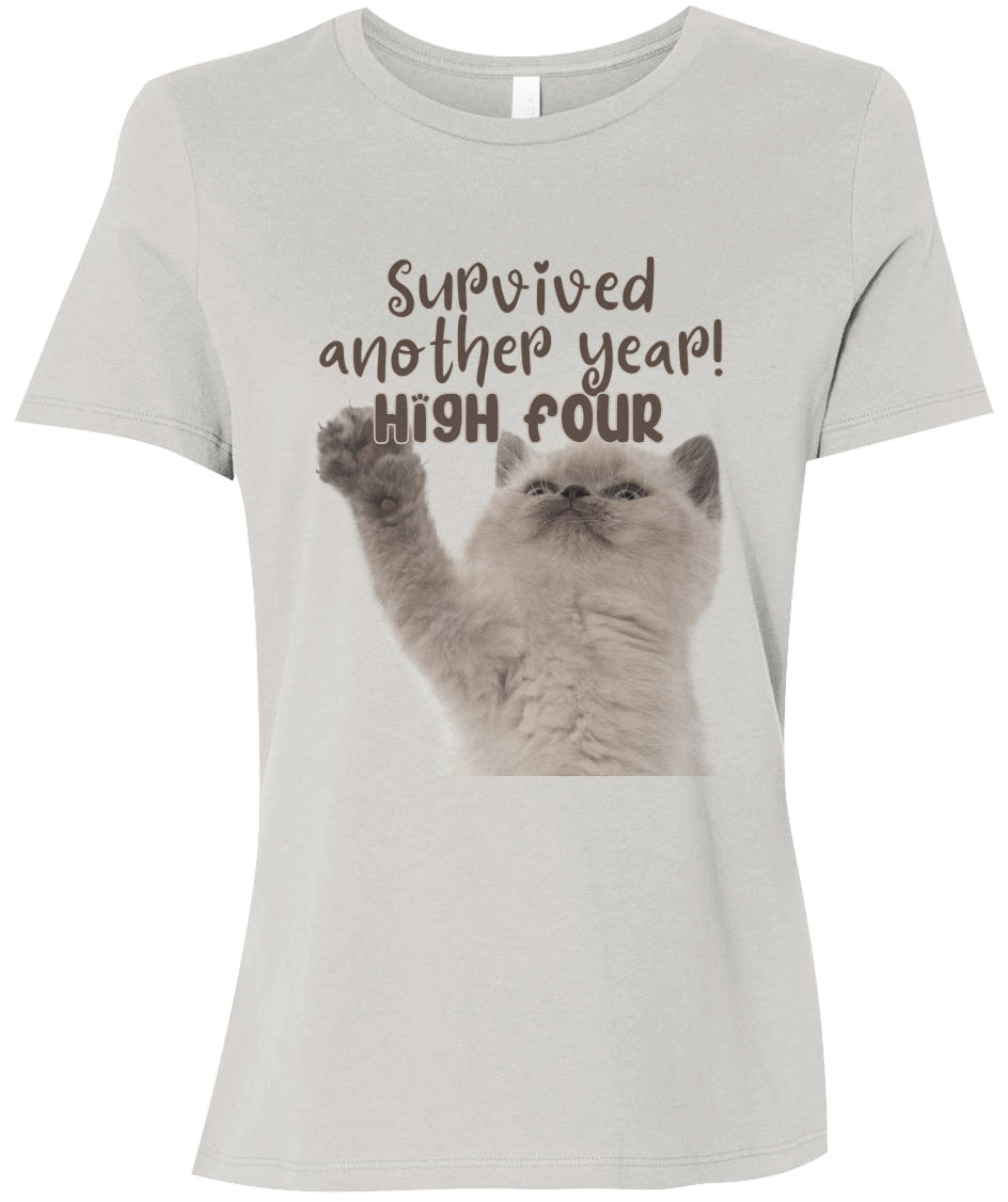 Antique white t-shirt with a cat graphic and text on a white background
