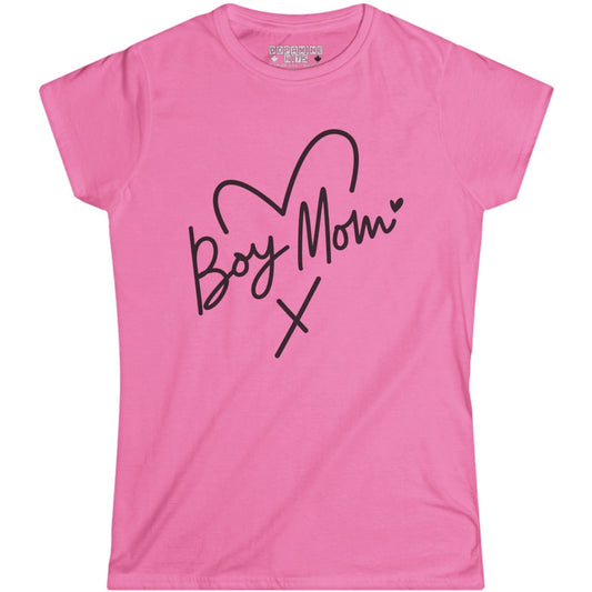 Pink t-shirt with 'Boy Mom' text and heart design on a white background