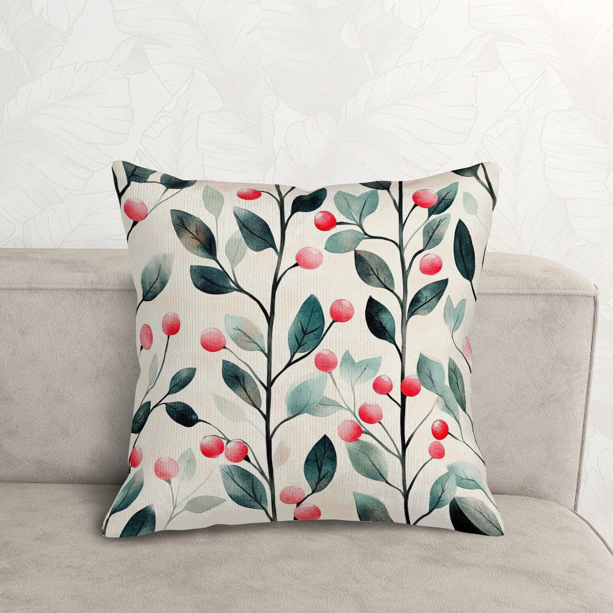 Festive Pink Berries - Corduroy Throw Pillow Covers with Core (Double-Sided Design)