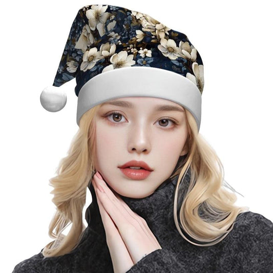 Luxury Navy and Cream Winter Floral Plush Santa Hat