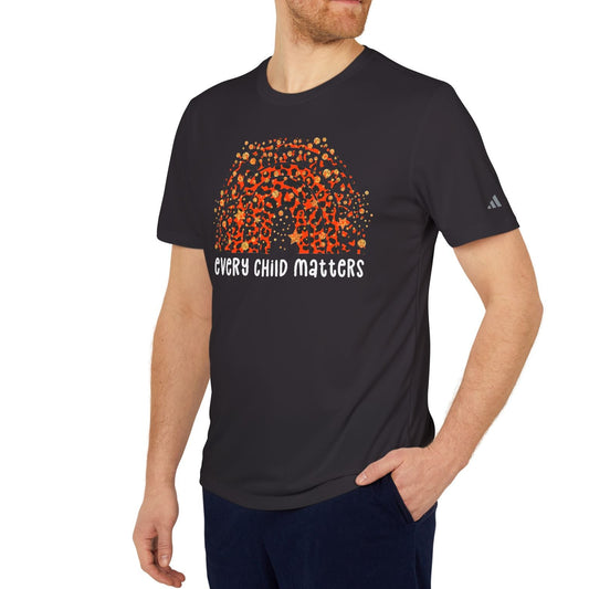 Man wearing a black t-shirt with 'Every Child Matters' graphic and text on a white background