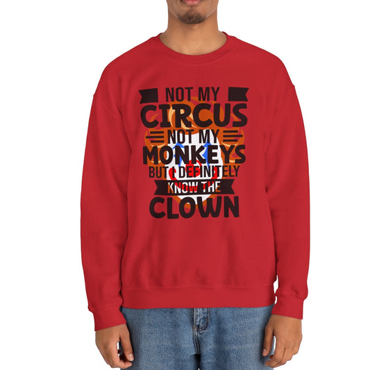Person wearing a red sweatshirt with text on a white background