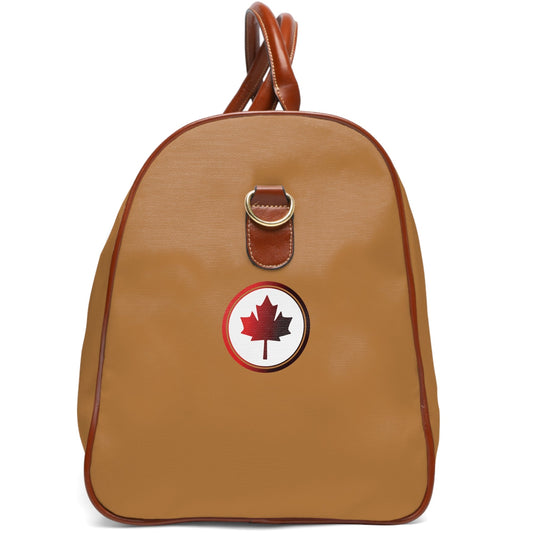 Brown backpack with a red maple leaf emblem on a white background