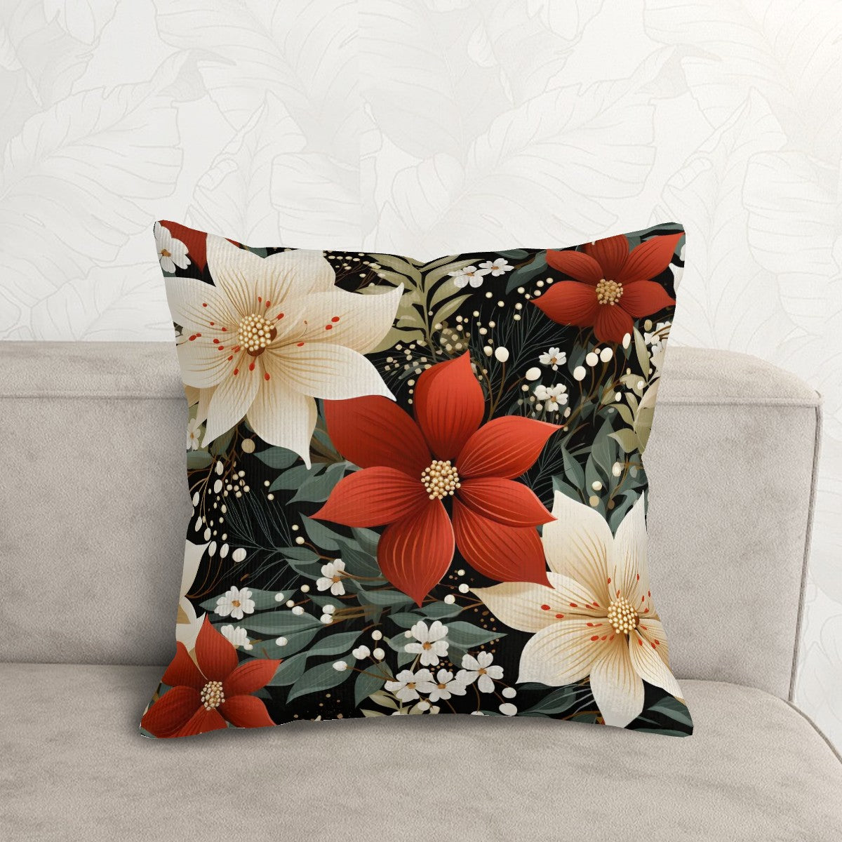 Retro Poinsettia Corduroy Throw Pillow Covers with Core (Double-Sided Design)