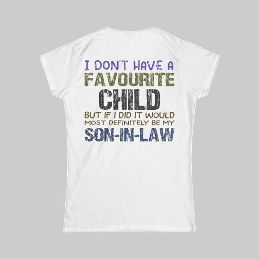 White t-shirt with colorful text on a white background