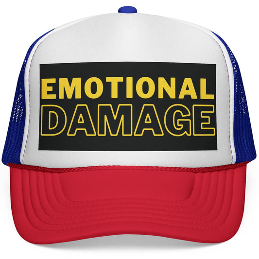 Trucker hat with 'EMOTIONAL DAMAGE' text on a white background