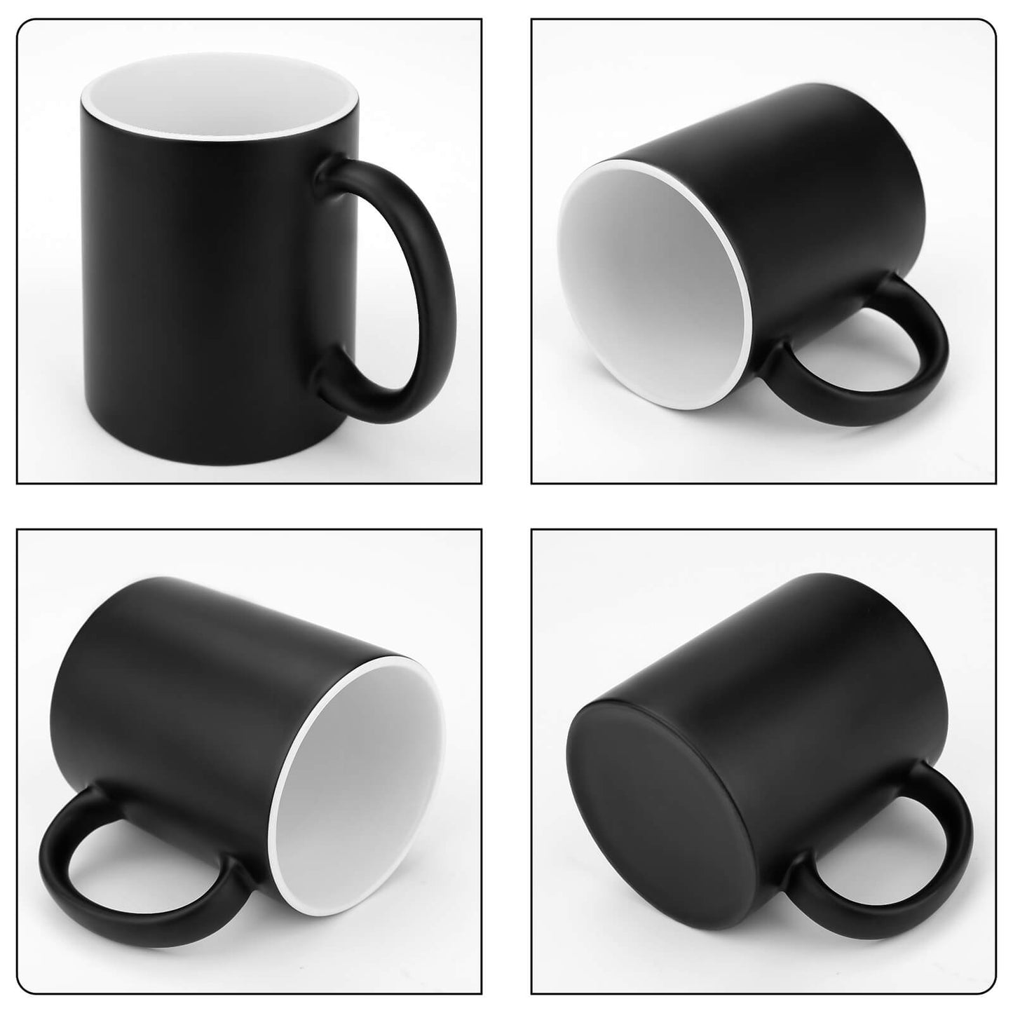Black and white ceramic mug shown from multiple angles on a white background