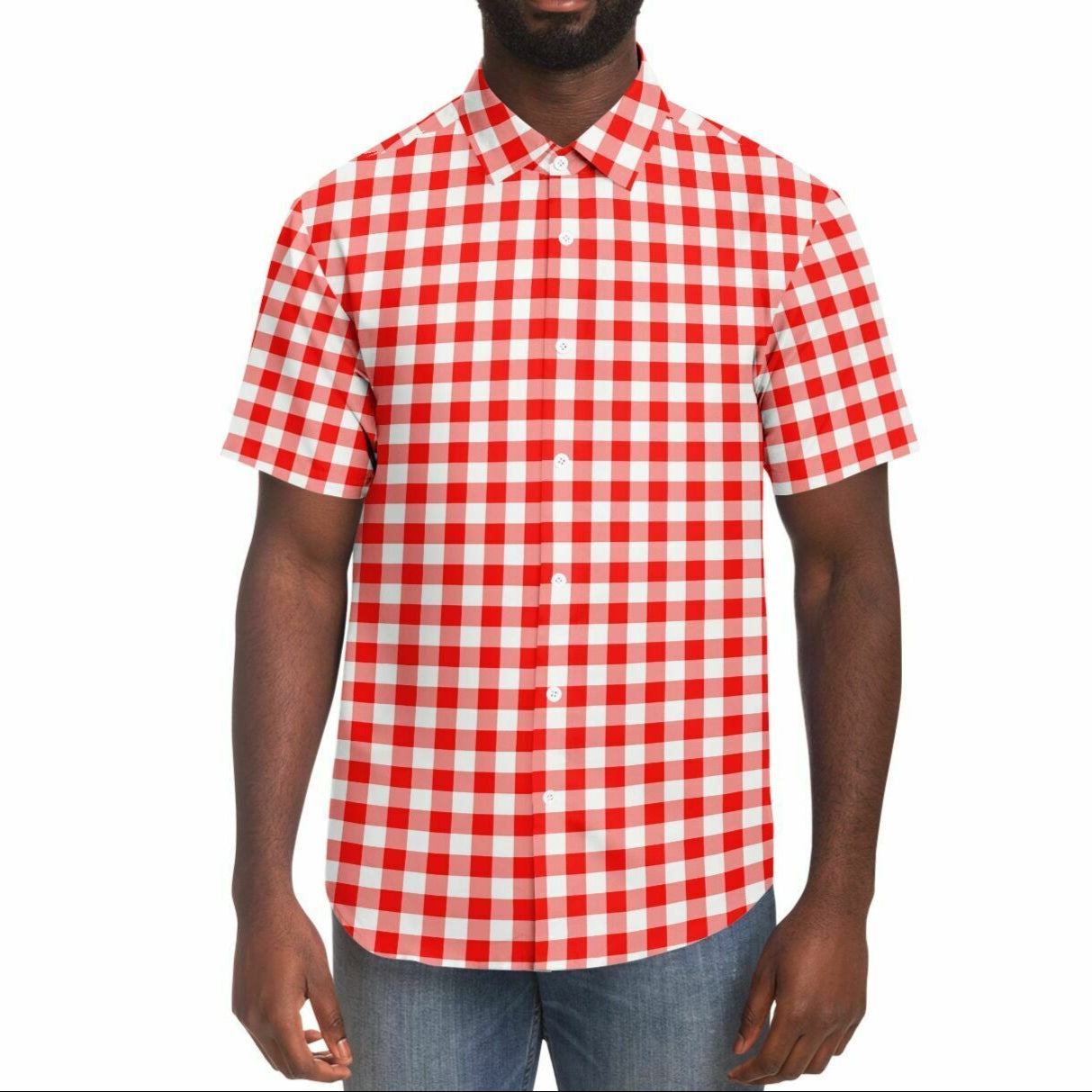 Red-Orange Gingham Plaid - Short Sleeve Button Down Shirt