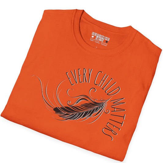 Orange t-shirt with a feather graphic and text on a white background