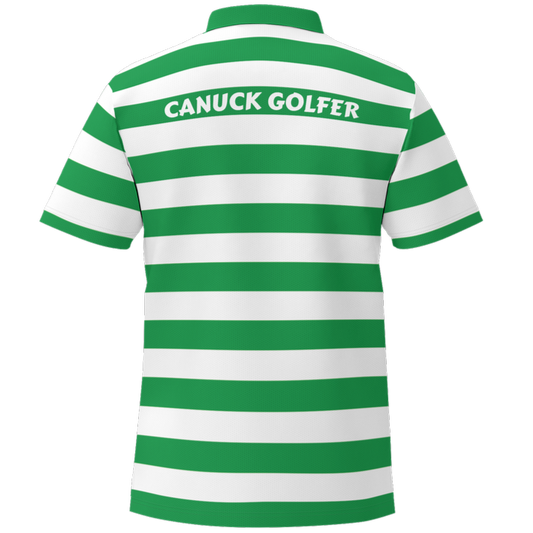Green and white striped polo shirt with 'Canuck Golfer' text on a white background