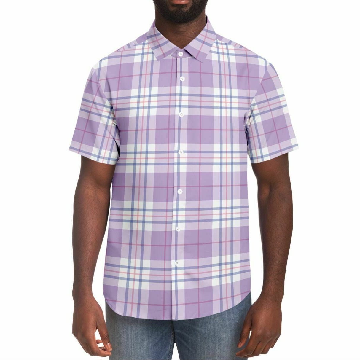 Purple Triple Plaid Short Sleeve Button Down Shirt