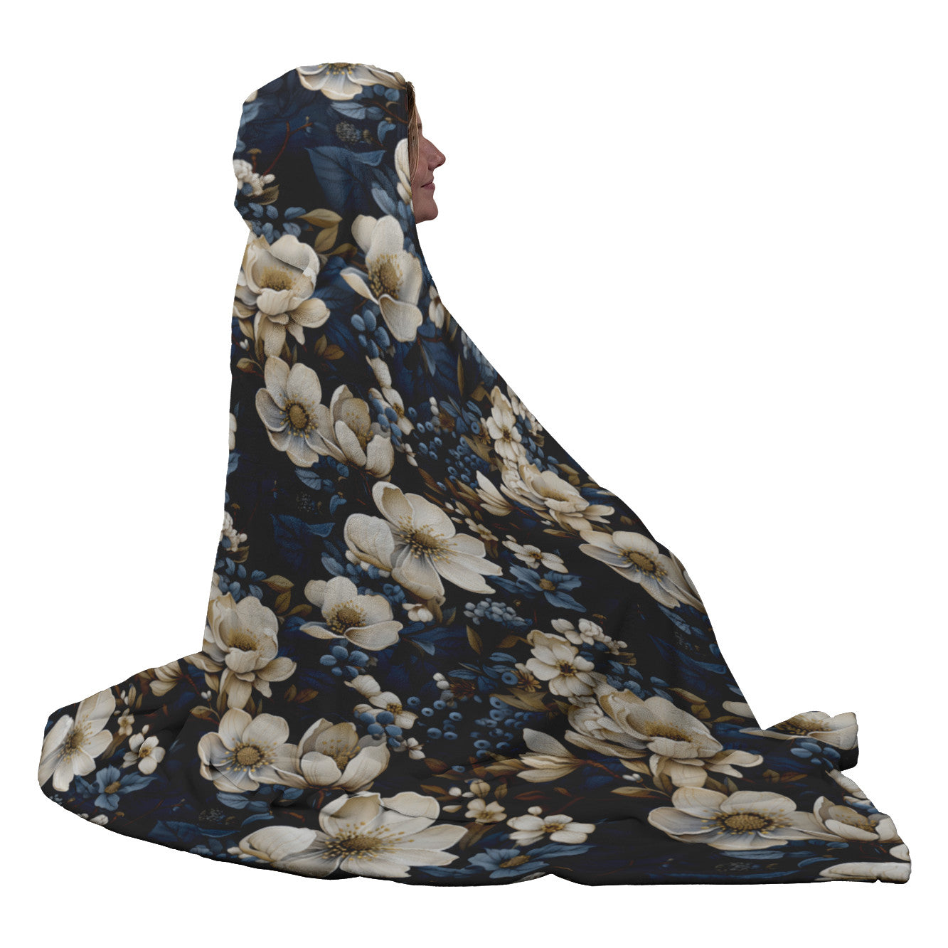 Blue Winter Flowers Hooded Blanket - Perfect Gift for Yourself & Everyone on your list!