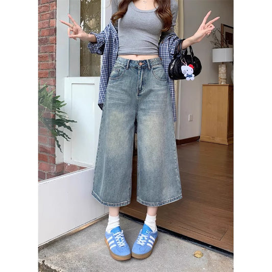 Retro Denim Wide-Leg Cropped Jeans | Women's High-Waist, Available in Plus Sizes