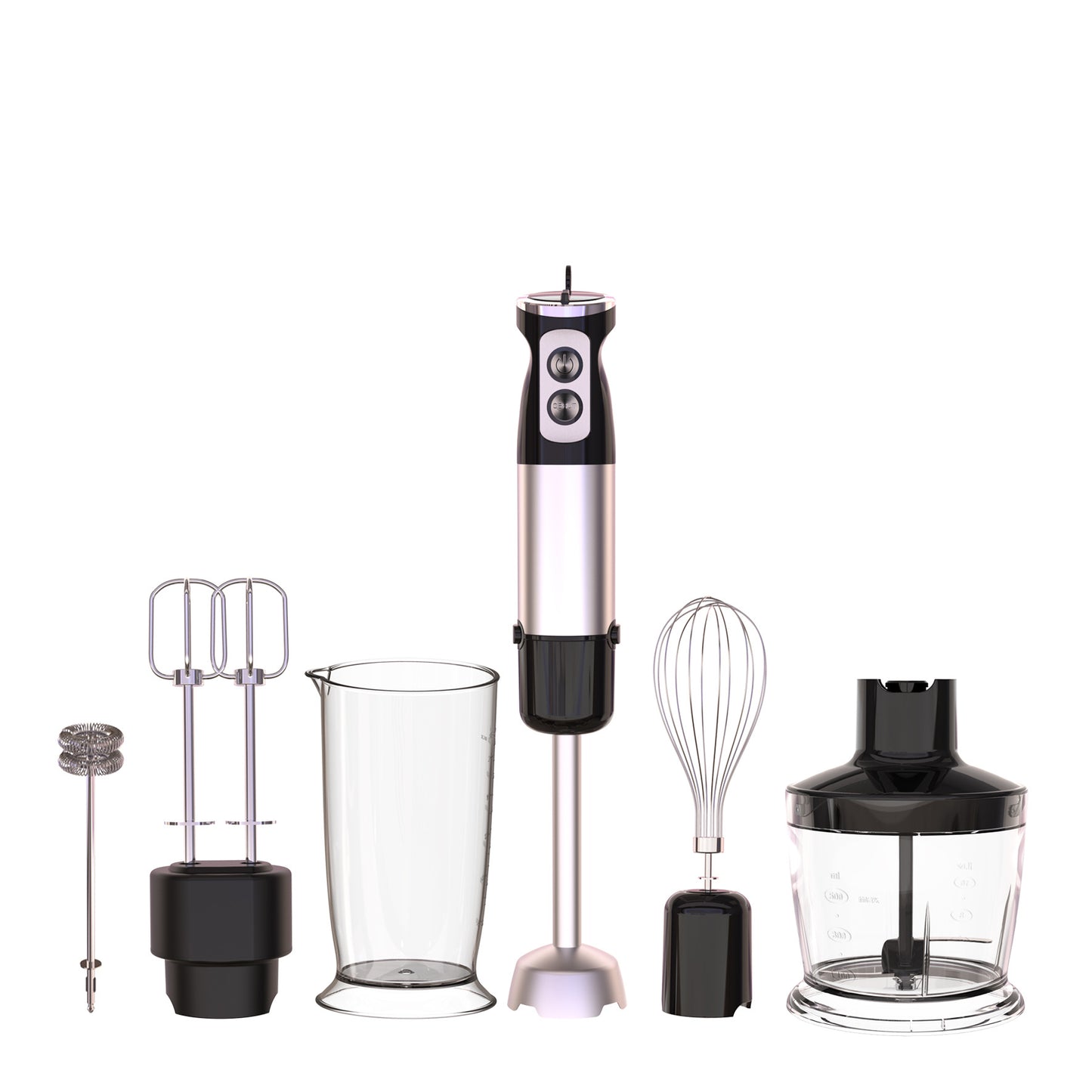 Set of kitchen handheld blender with attachments on a white background