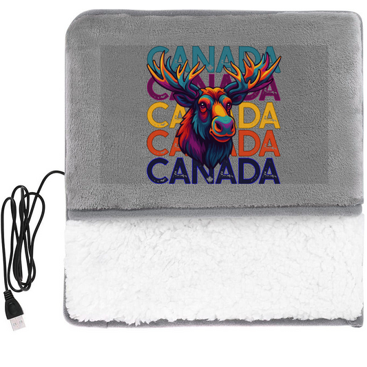 Gray heating pad with colorful 'Canada' design and USB cable on a white background