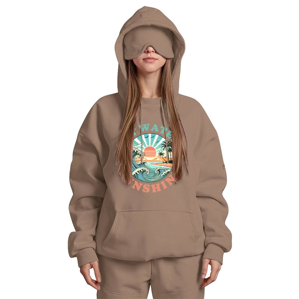 Person wearing a brown hoodie with a graphic design on a white background