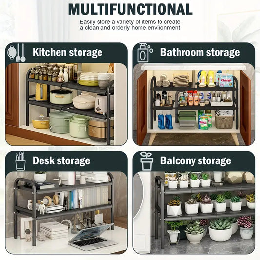 Multifunctional storage shelves used for kitchen, bathroom, desk, and balcony organization.