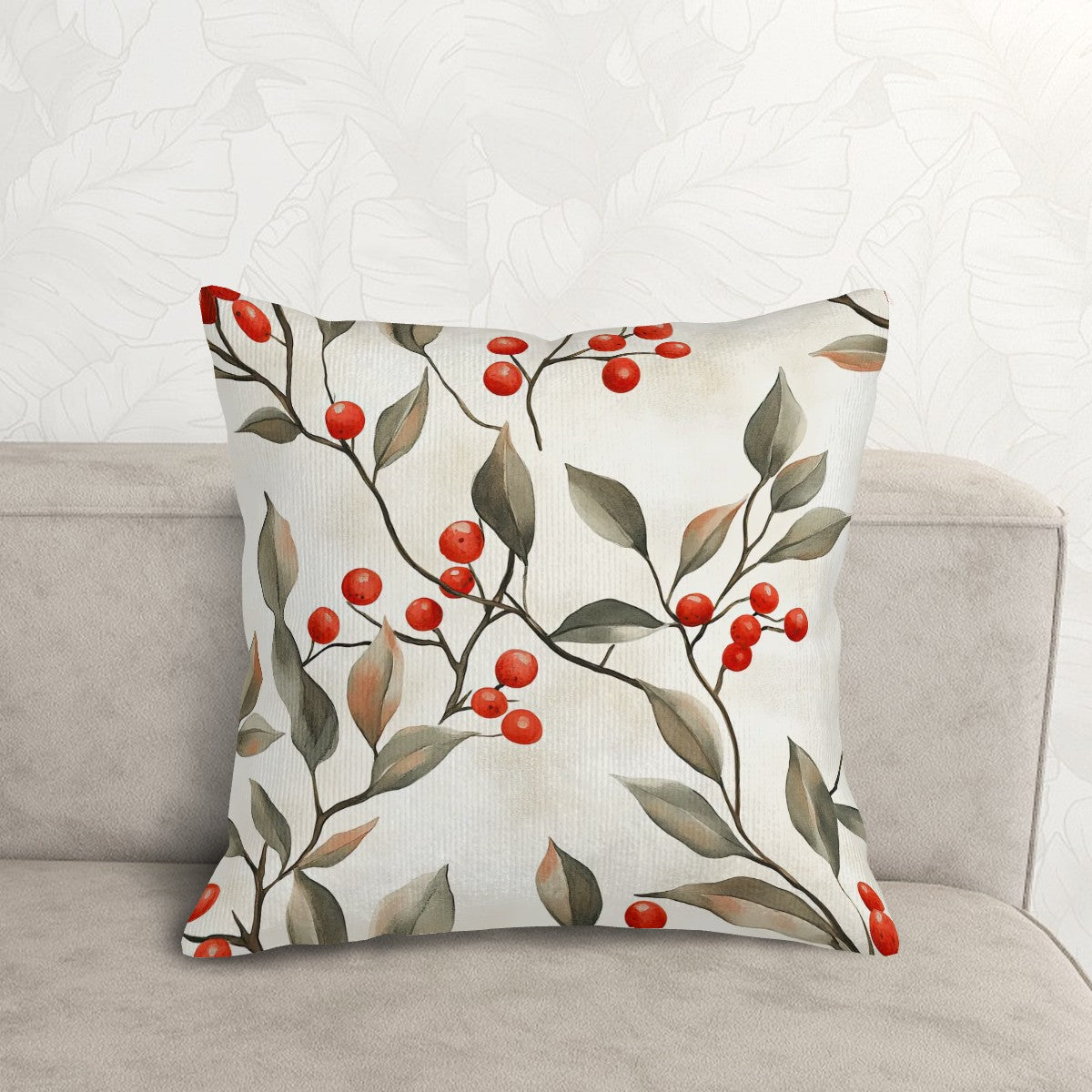 Festive Red Berries - Corduroy Throw Pillow Covers with Core (Double-Sided Design)