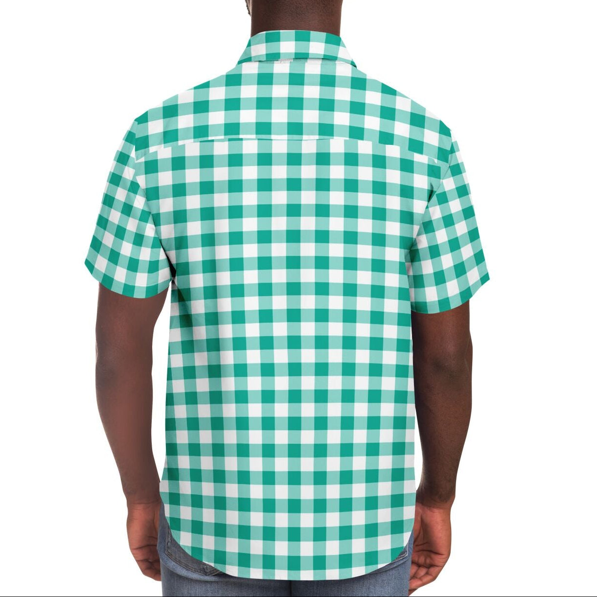 Teal Gingham Plaid Short Sleeve Button Down Shirt - AOP